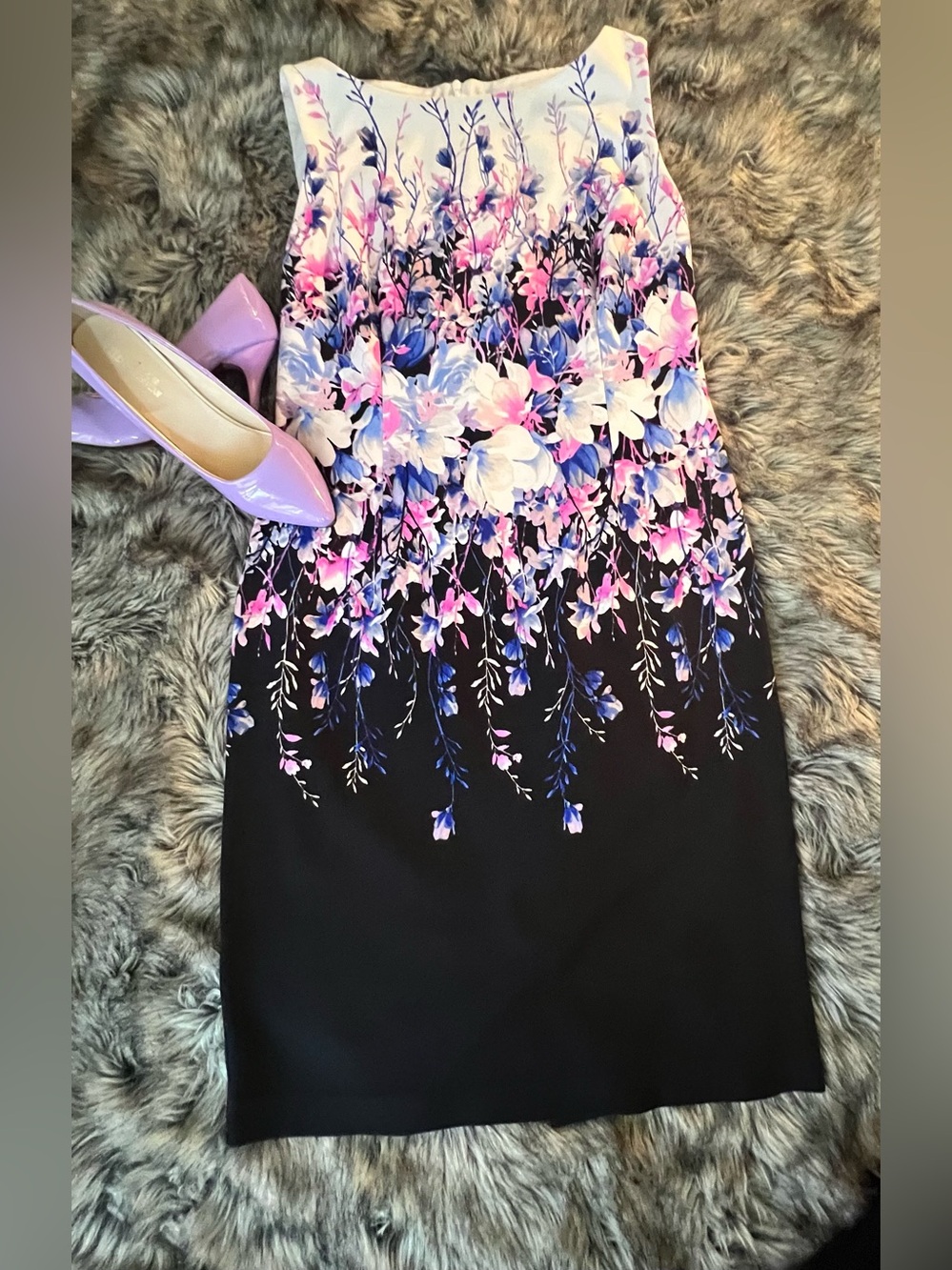 Joseph Ribkoff Black Midi Dress with Pink and Blue Floral Ombre